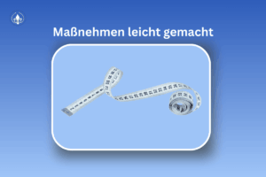 Beitragsbild Titel Maßnehmen leicht gemacht in blauer Schrift und darüber befindet sich ein halb aufgerolltes maßband auf hellblauem hintergrund