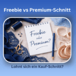 58- Beitragsbild für Freebie oder Premium, Flatlay aus Stoffen und Nähmaterialien in Navy, hellblau und Rosa, mit einem zentralen Post-It auf dem der Text steht: Freebie oder Premium?