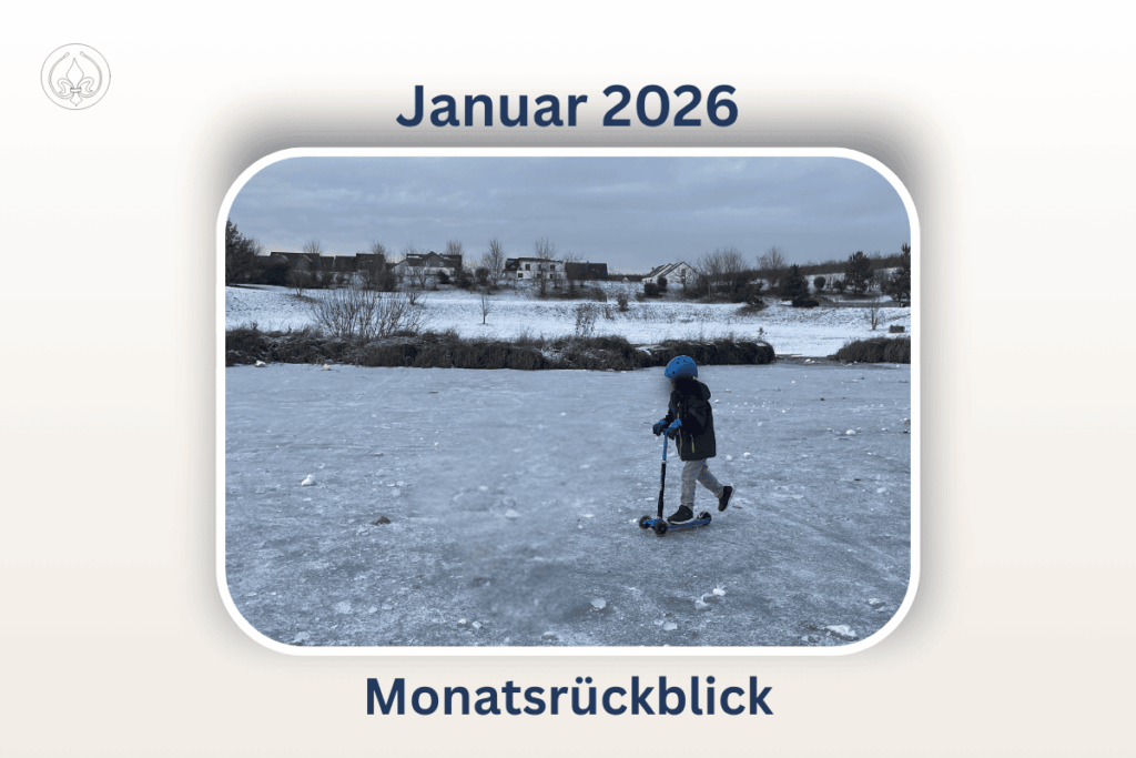 Monatsrückblick Januar 2026 1 Kind mit Helm fährt mit dem Roller über einen zugefrorenen See im verschneiten Rheinland – ein seltener Wintertag mit viel Schnee und Eis.